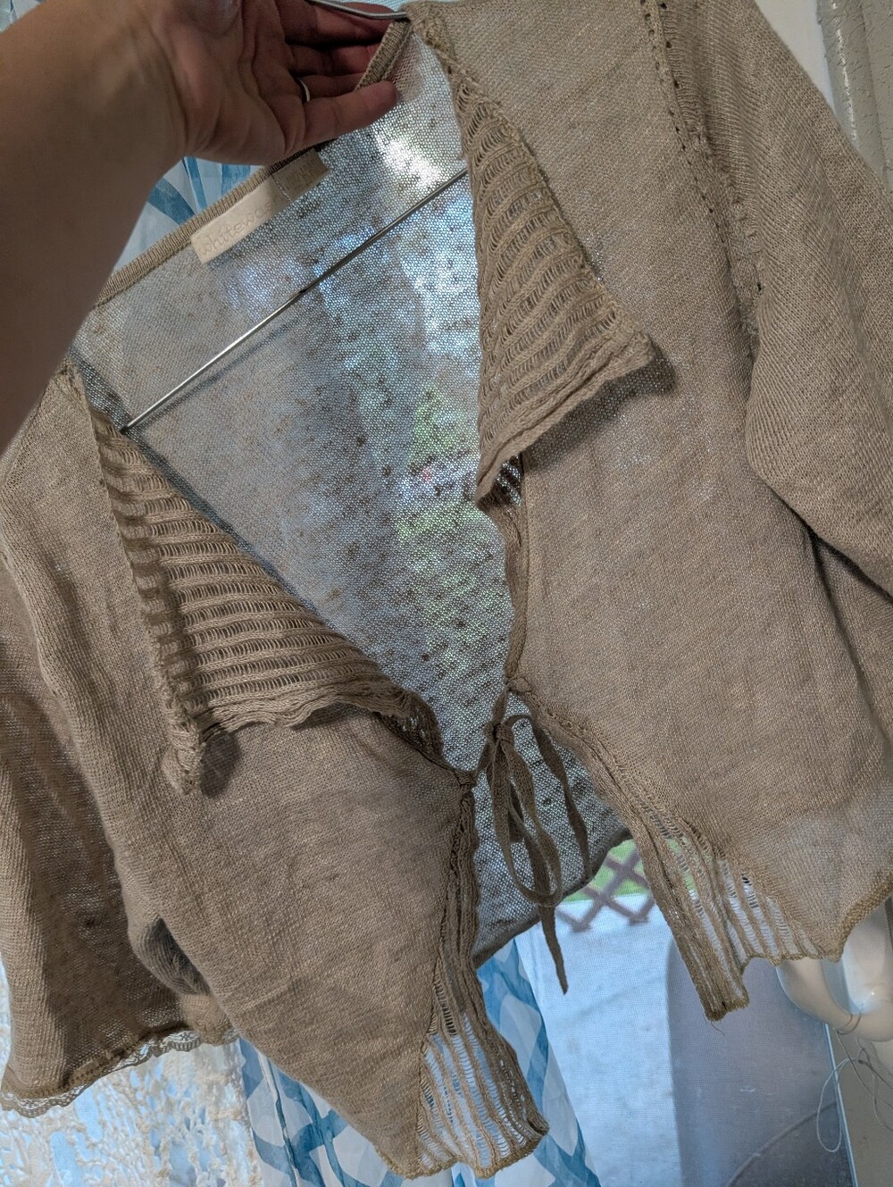 Linen Lace Tie Front Cropped Cardigan M Beige Cream Dainty Goblin Fairy Boho - Picture 7 of 8